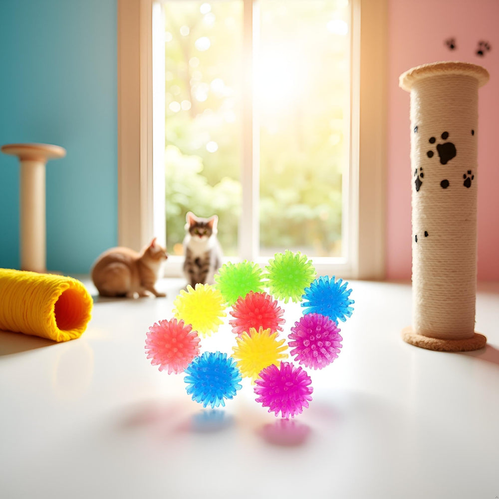 JJLFresheners colorful interactive cat toys demonstrate engaging textures for chasing and pounce play.
