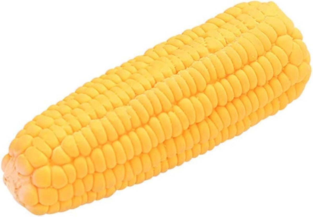 JJLFresheners corn-shaped dog toy close-up highlighting bite-resistant latex for durable chewing