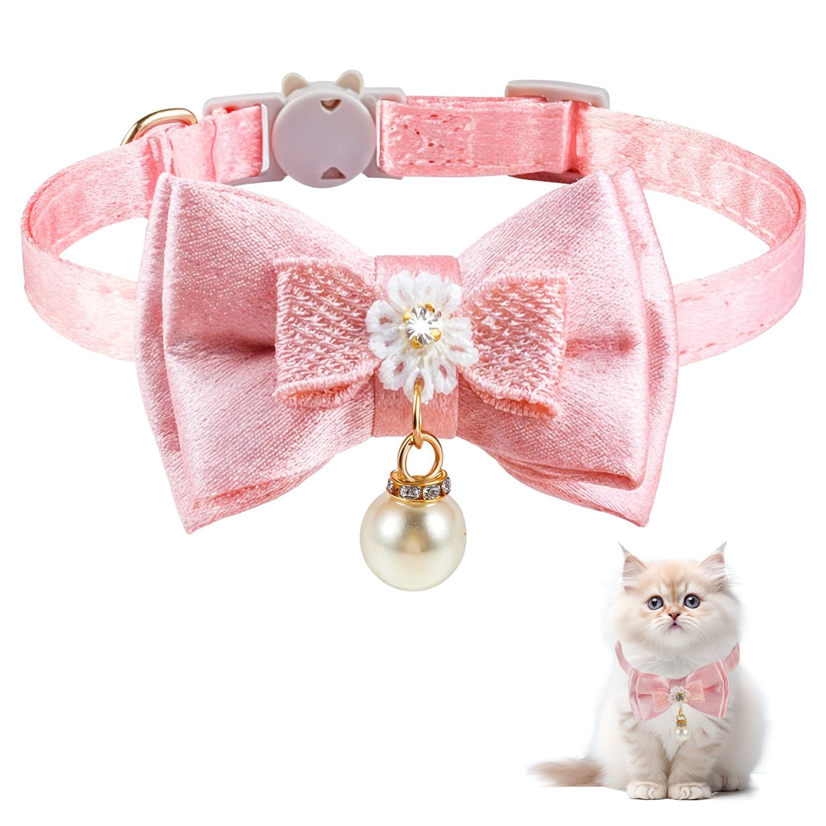 JJUNW cat collar pink bow and pearl pendant for stylish daily wear and photos