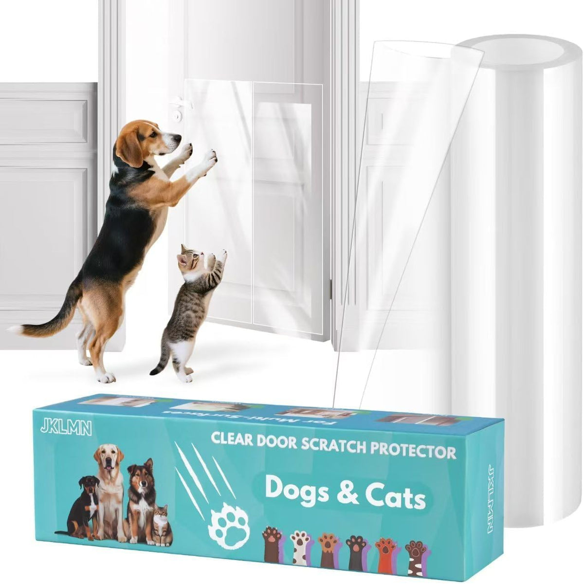 JKLMN door protector clear guard mounted on a door protects surfaces from scratches.