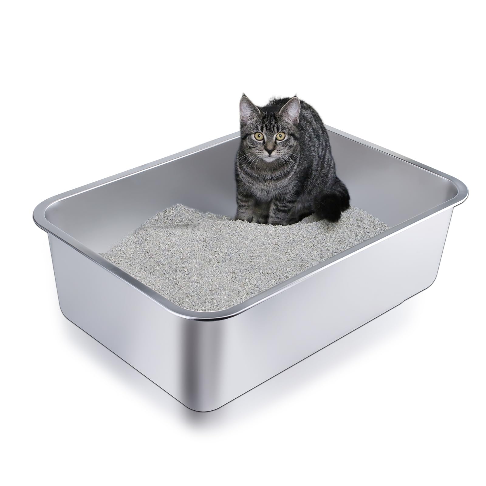 JKQADWD stainless steel litter box front view shows tall sides to reduce litter scatter