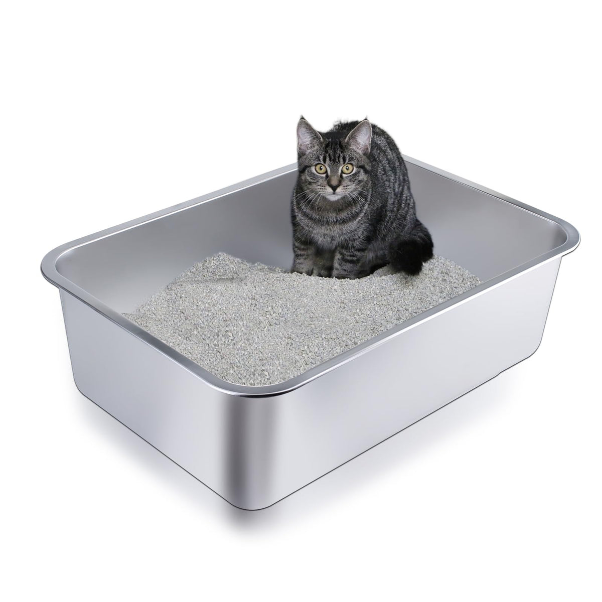 JKQADWD stainless steel litter box front view shows tall sides to reduce litter scatter