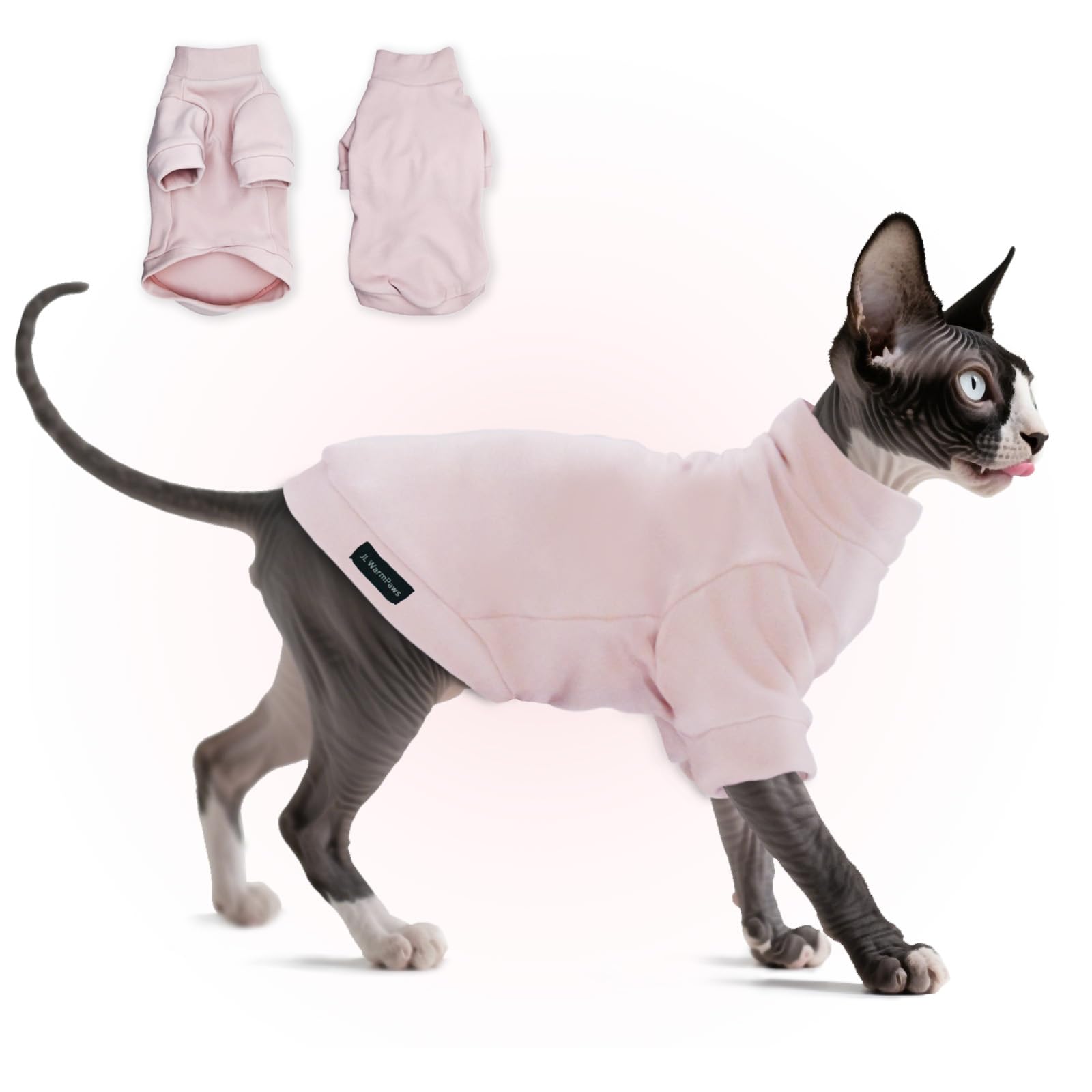 JL WarmPaws fleece Sphynx cat clothes pink sweater provides cozy warmth for hairless cats.