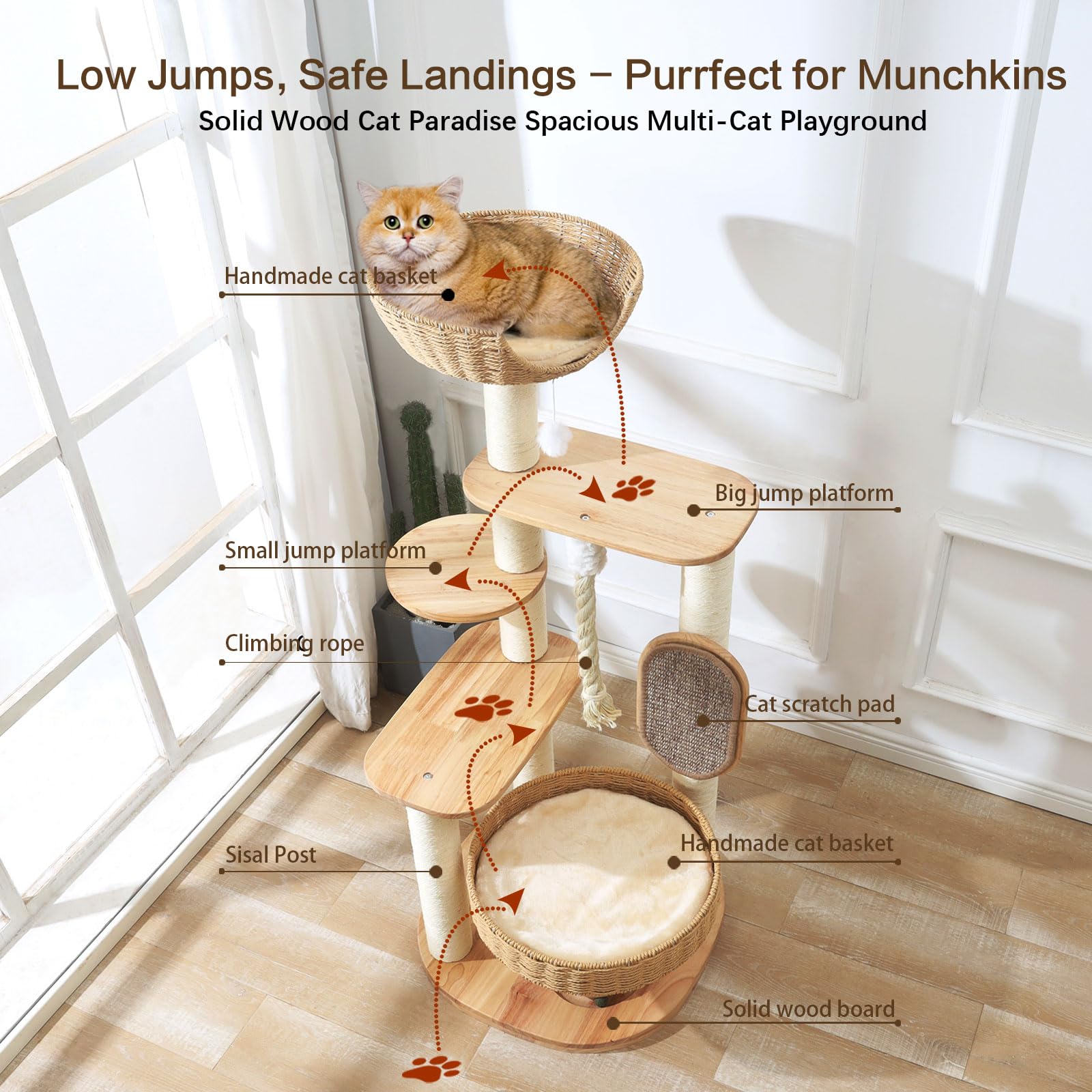 JLDUQKUM wooden cat tree with 3 inch sisal posts for scratching