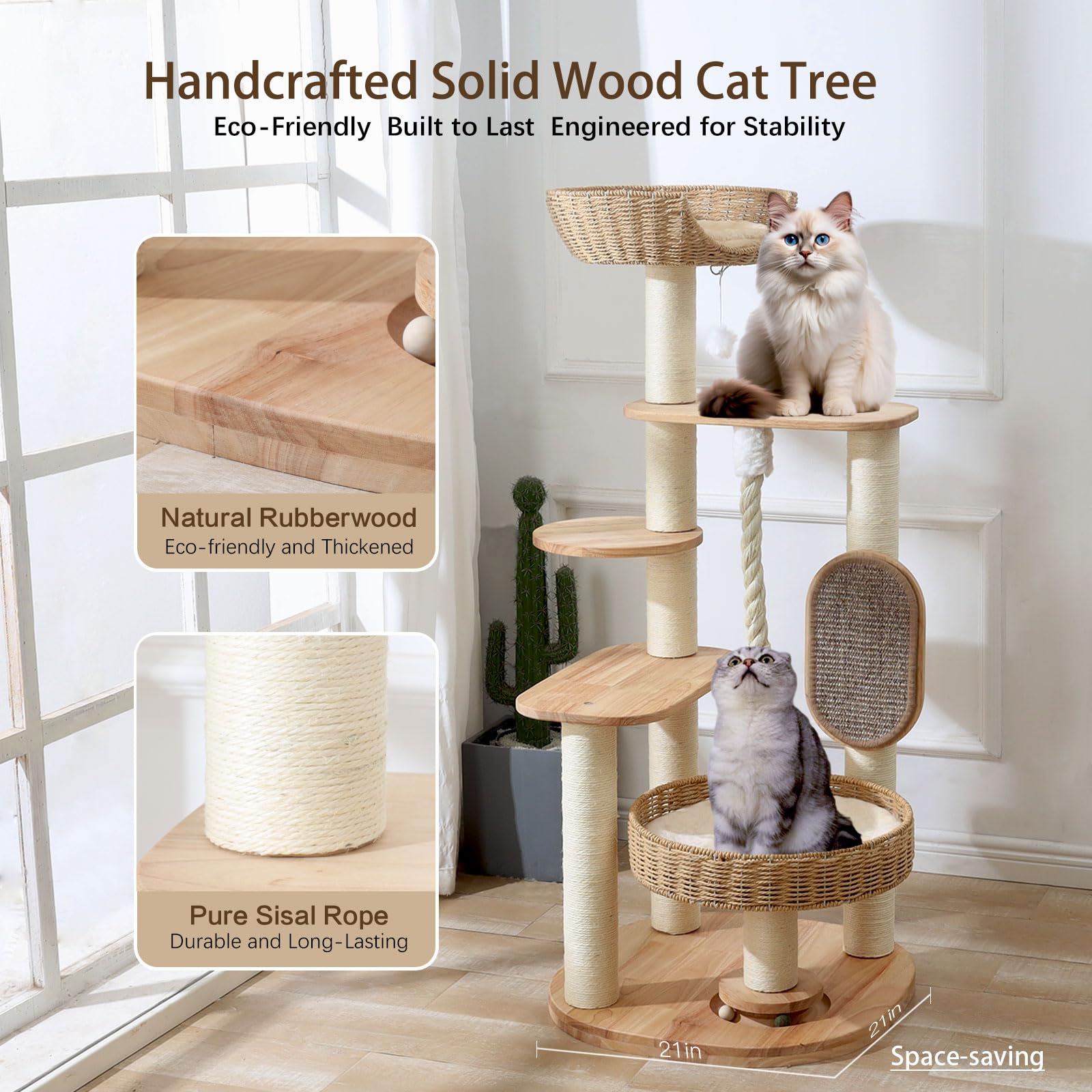 JLDUQKUM wooden cat tree sturdy base supports multiple large cats