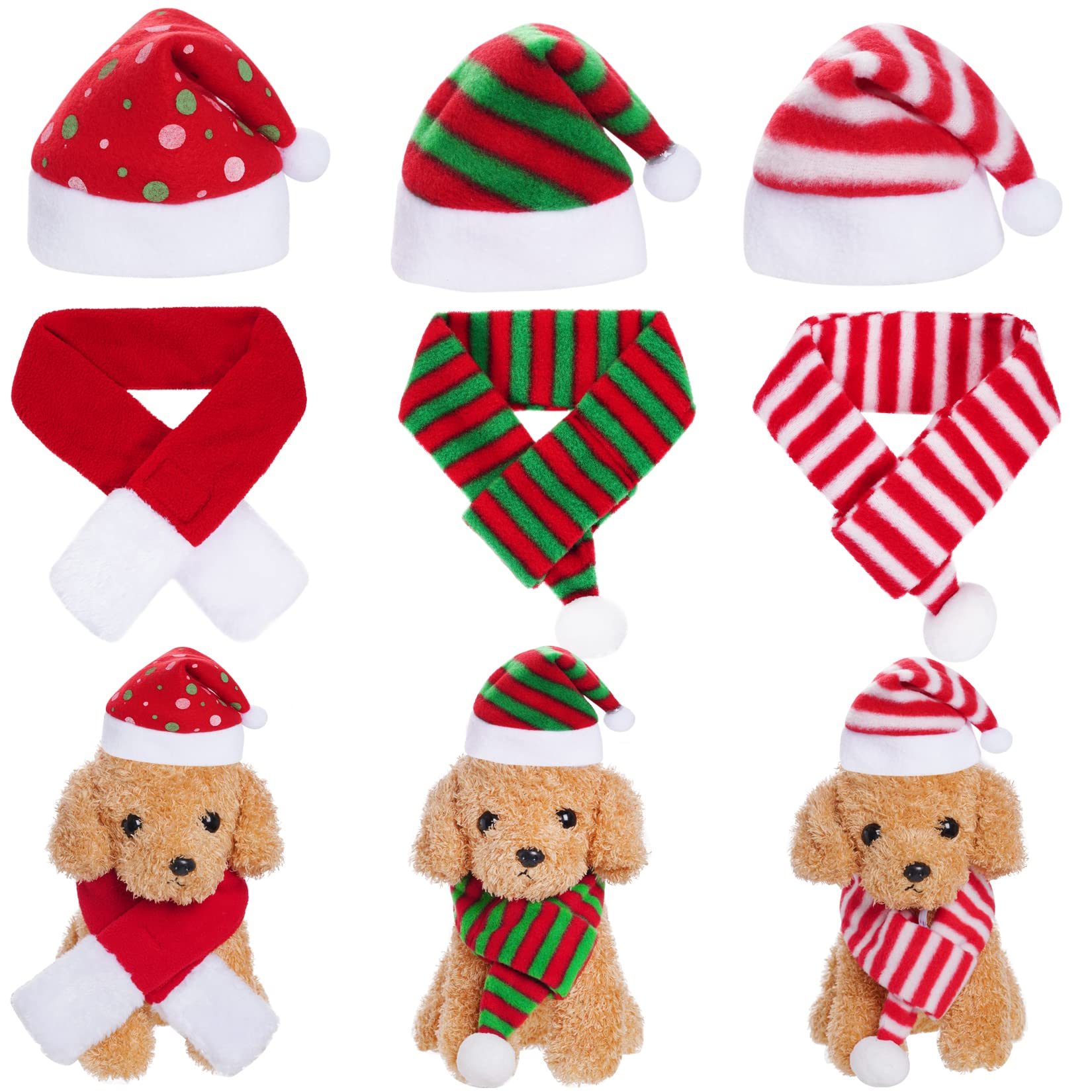Jmkcoz pet Christmas hat red white green on plush fabric for festive photos.