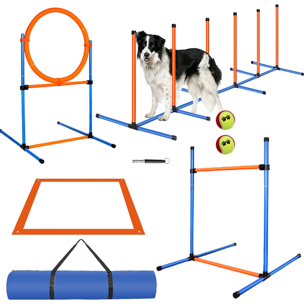 JMMPOO dog agility kit assembly shows versatile indoor/outdoor setup for training sessions