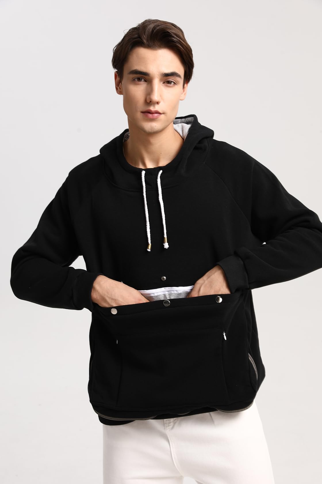 JMOREDEEP cat pouch hoodie back view shows roomy pocket for daily essentials.