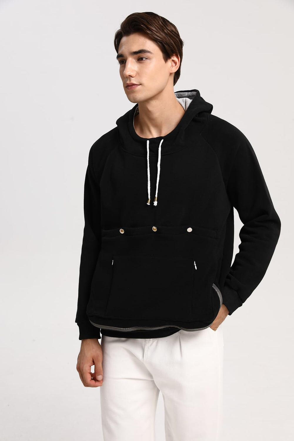 JMOREDEEP cat pouch hoodie pocket usage scene with phone and treats.