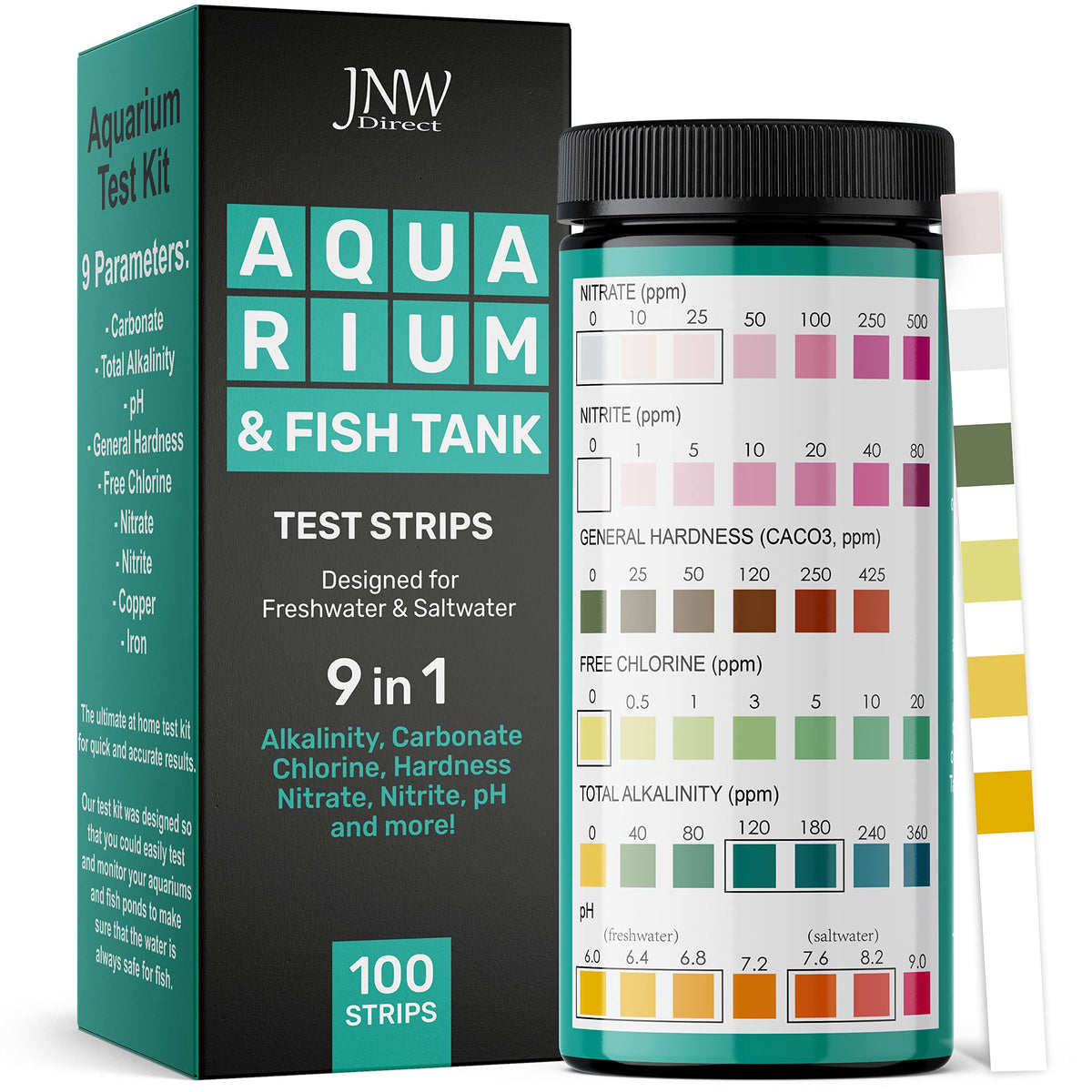 JNW Direct aquarium test strips packaging with quick-start guidance for easy setup