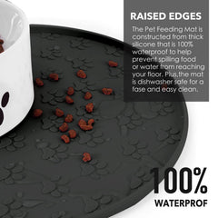 Joyinjojo pet food mat features non-slip texture to keep bowls steady.