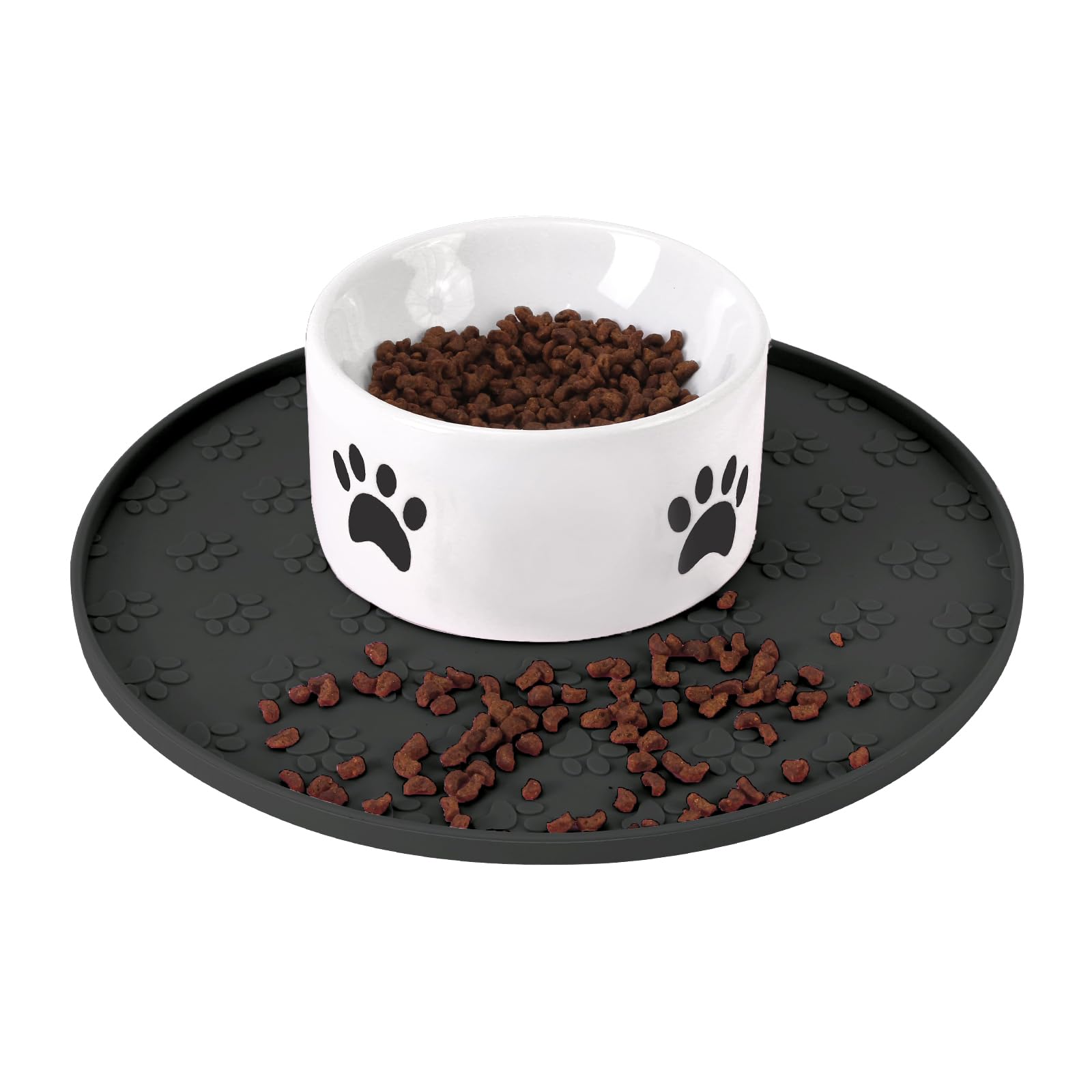 Joyinjojo silicone pet food mat with raised edge prevents spills and protects floors during feeding.