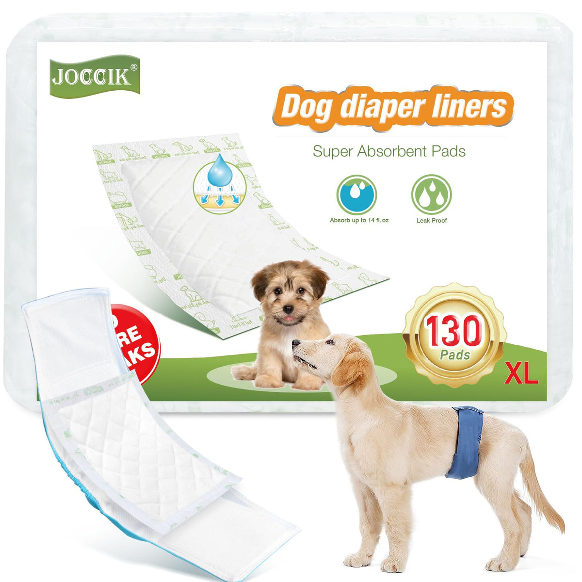 JOCCIK Dog Diaper Liners pack overview demonstrates absorbent, mess-free protection.