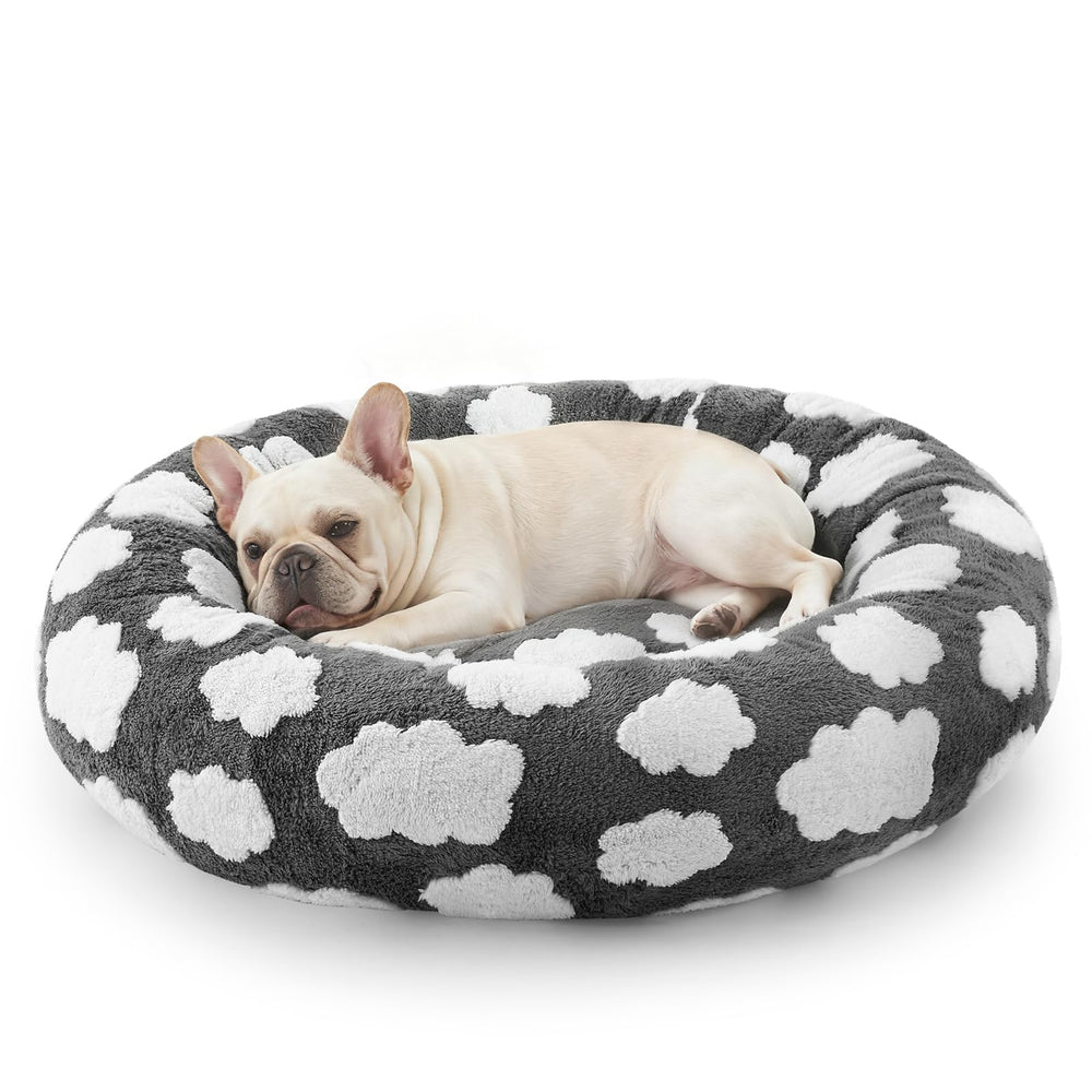 JOEJOY donut dog bed round top view shows plush cushions and raised edge for security