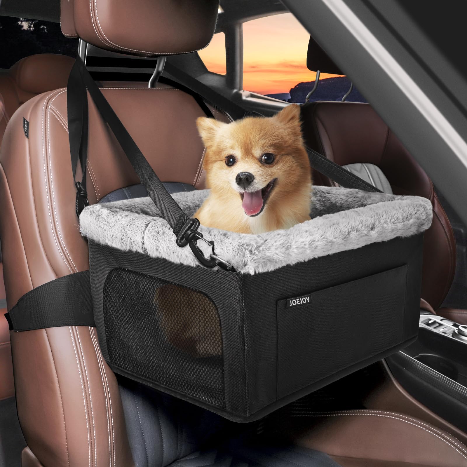 JoeJoy Deluxe Dog Booster Seat front view showing elevated window view for comfort