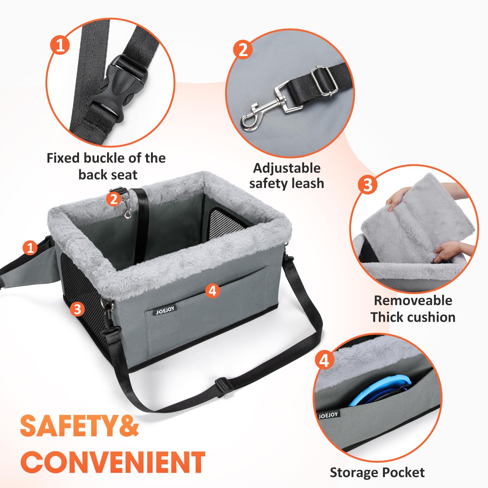 JOEJOY Deluxe booster seat in-car with clip-on leash for added pet safety.