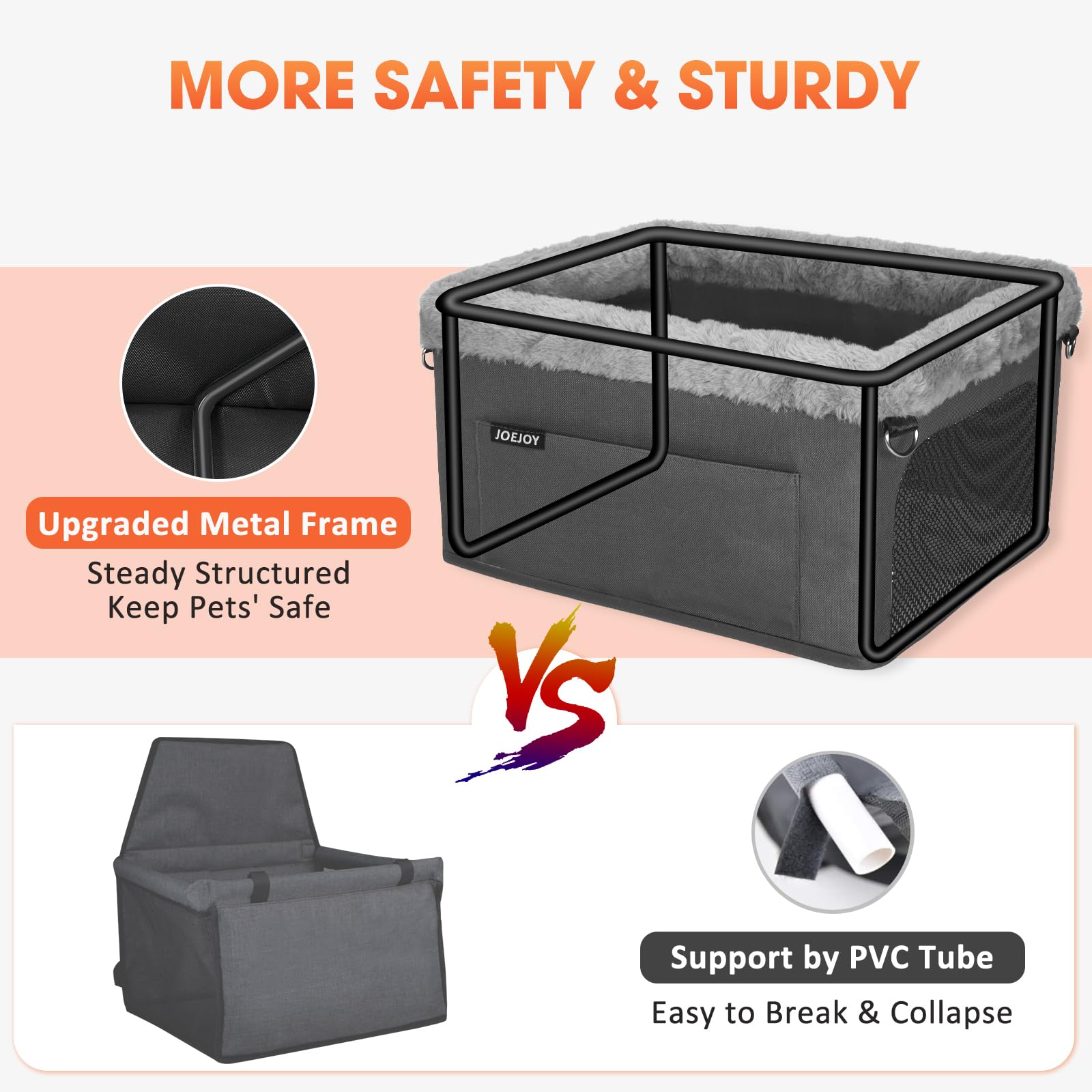 JoeJoy Deluxe Dog Booster Seat side view highlighting sturdy metal frame and secure fit
