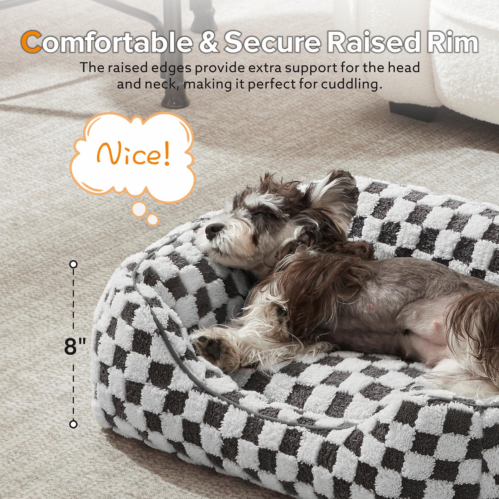 JOEJOY dog bed side view highlights raised edges for neck support.