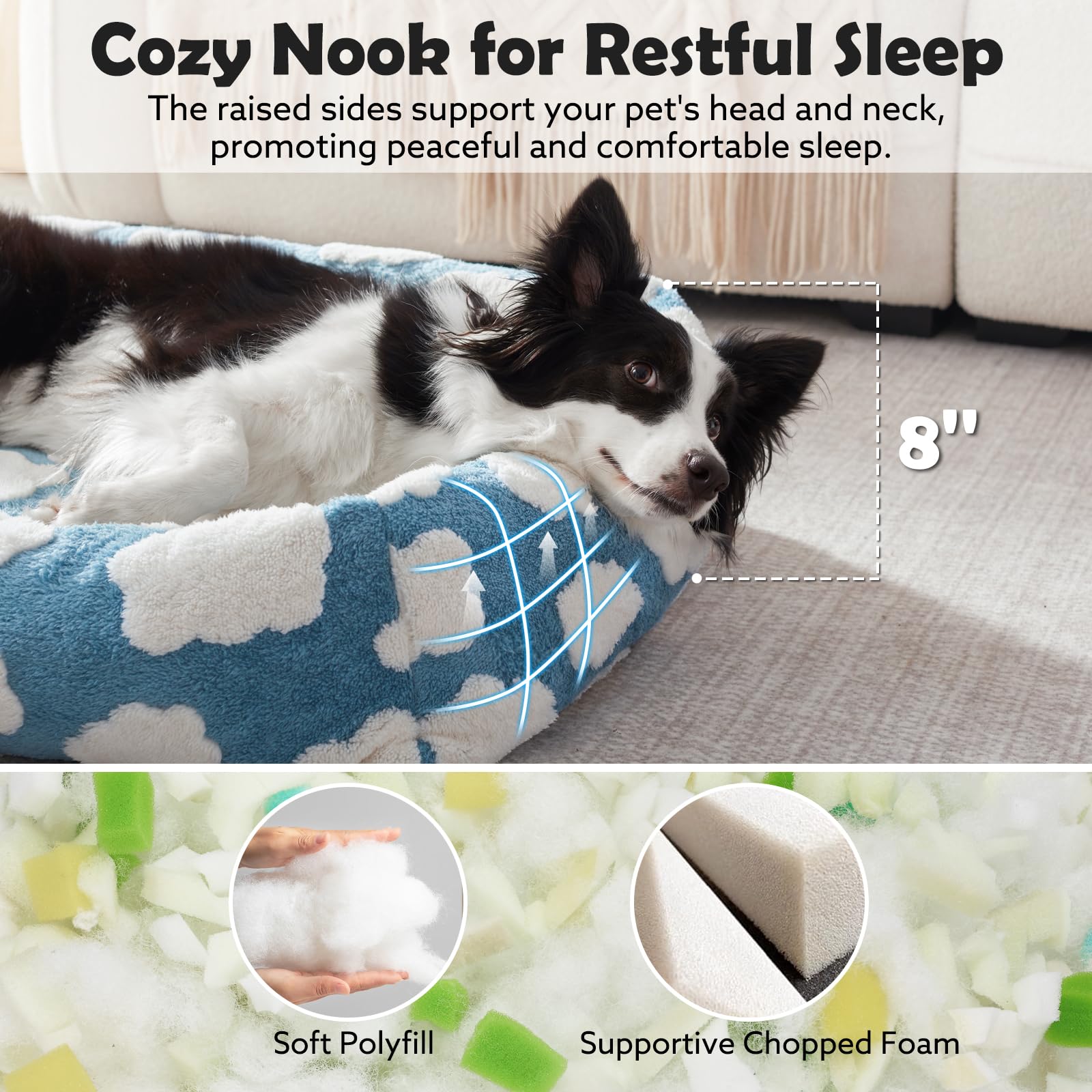 JOEJOY dog bed soft plush close-up highlights cloud-pattern fabric for cozy lounging.