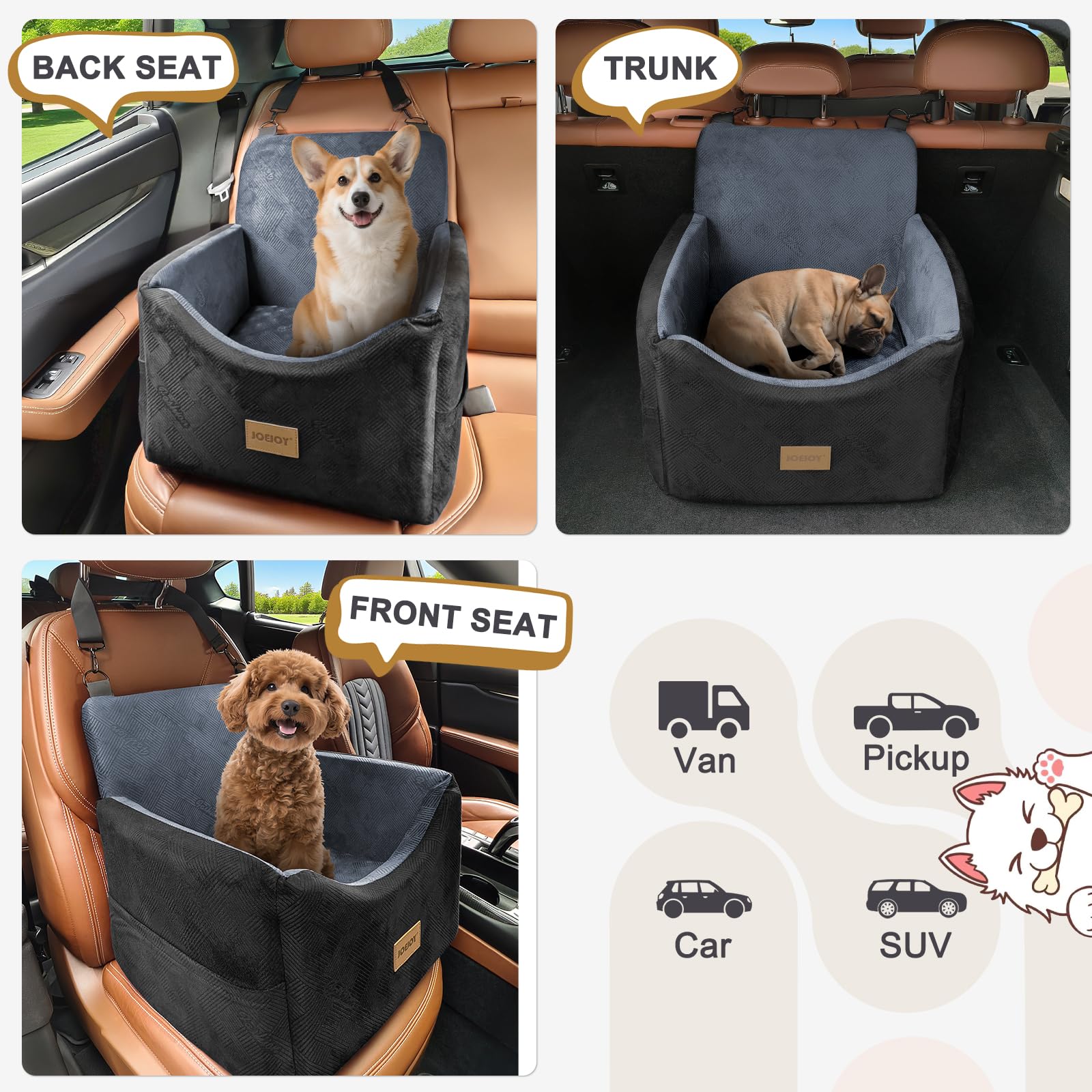 Joejoy dog car seat easy installation and washable cover for quick cleanup.