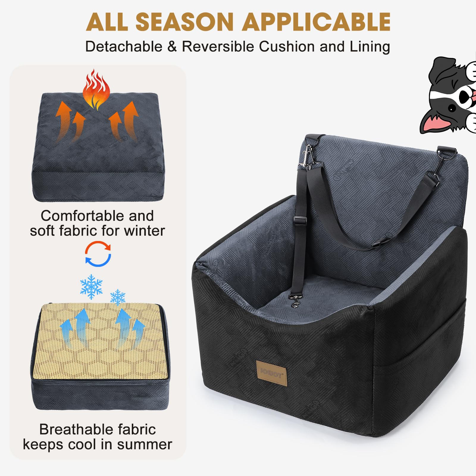 Joejoy dog car seat safety strap keeps your dog secure during movement and turns.