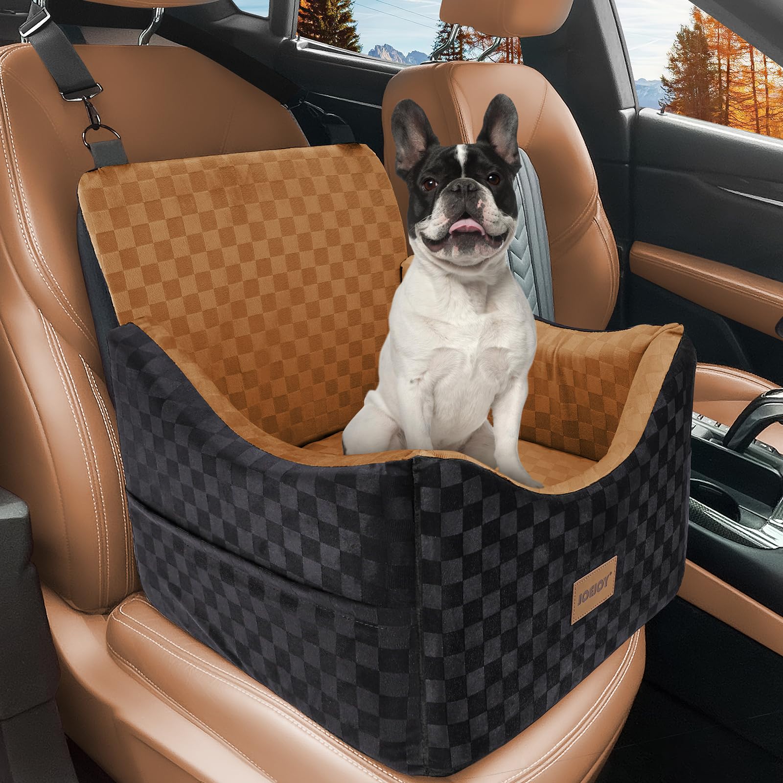 JOEJOY elevated car seat side view shows secure space for small to medium dogs.