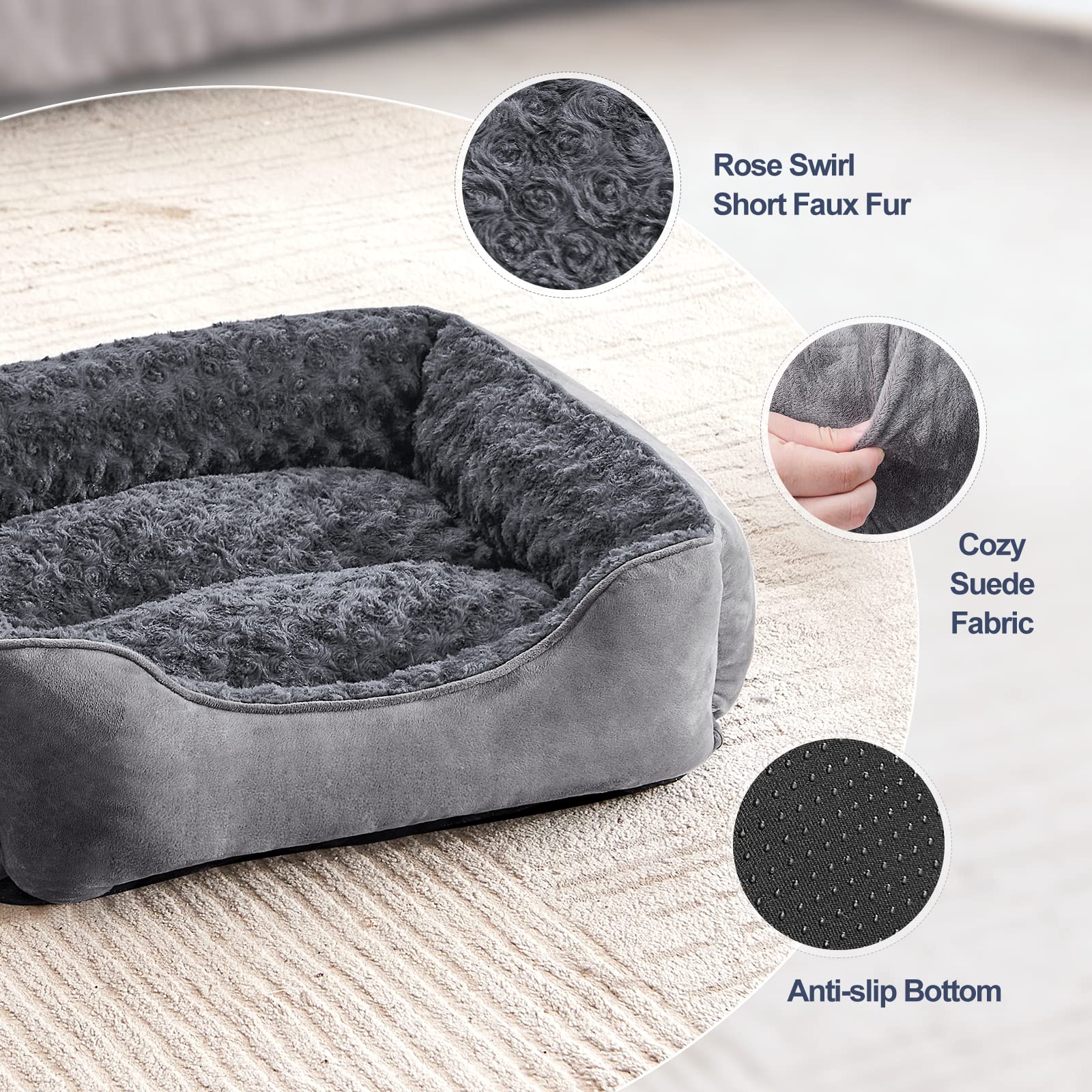 JOEJOY Rectangle Dog Bed rose swirl faux fur for warmth and luxury
