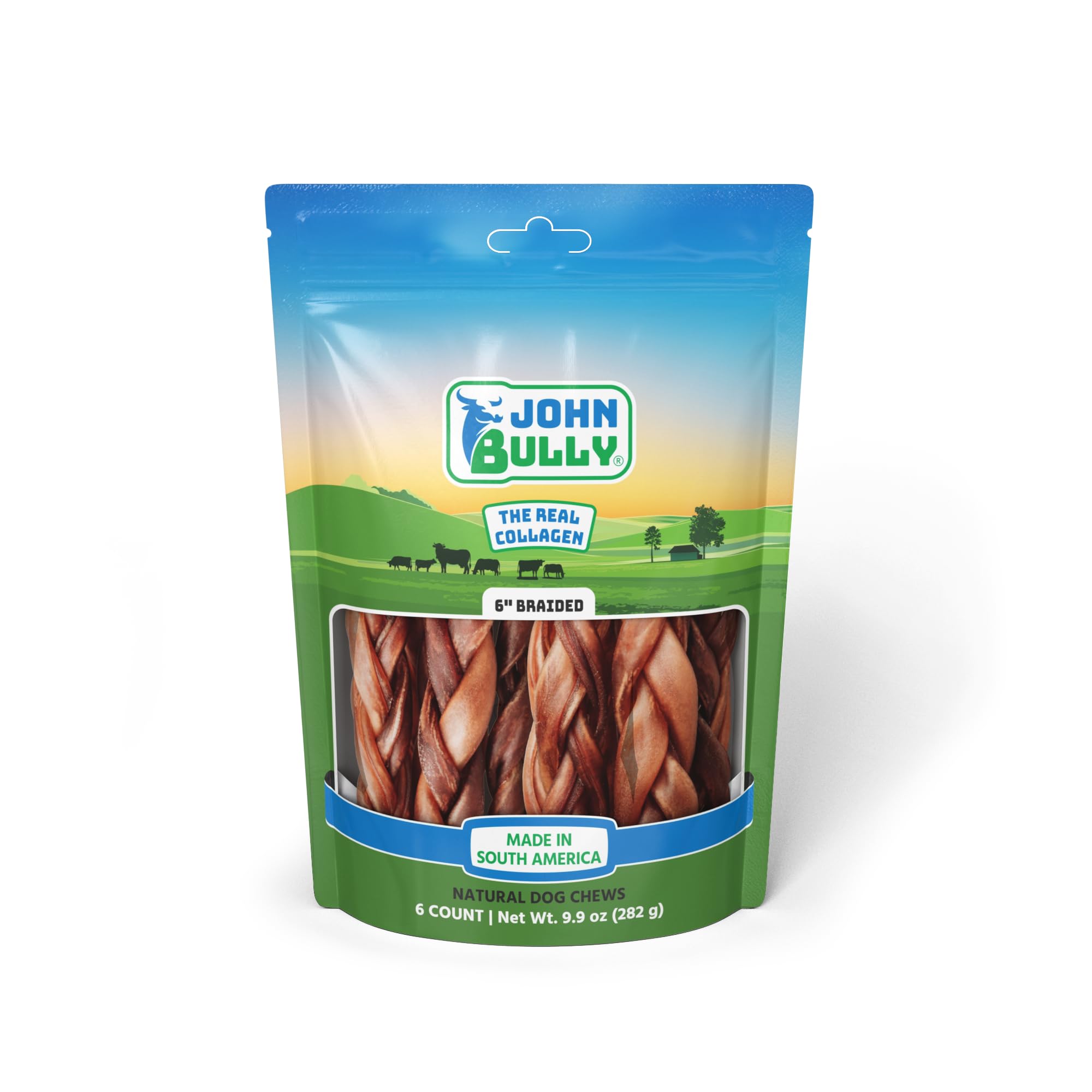 John Bully collagen braided 6in packaging highlights odor-free, natural dog treat