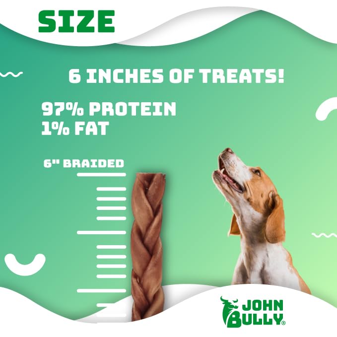 John Bully collagen braided 6in odor-free close-up underscores digestibility-focused dog snack