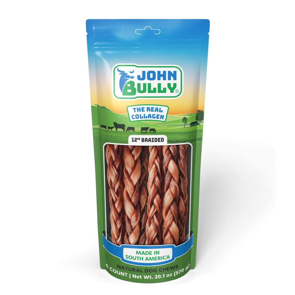 John Bully collagen dog braided 12inch pack front, odor-free premium protein snack
