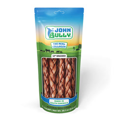 John Bully collagen dog braided 12inch pack front, odor-free premium protein snack