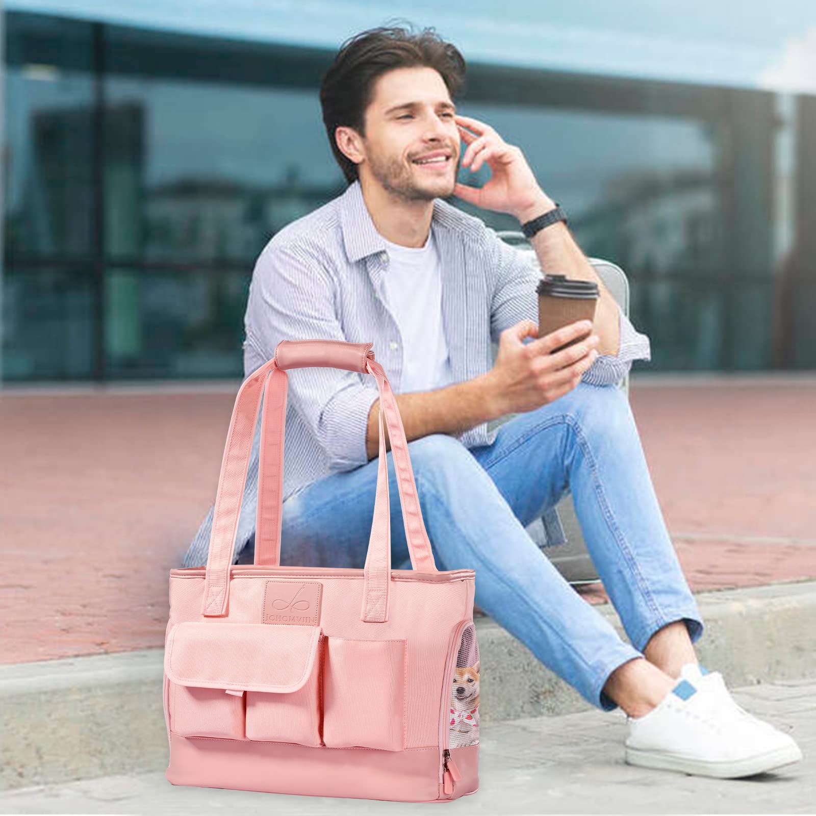 Johomviin pink multiple pockets store treats, keys, and small essentials.