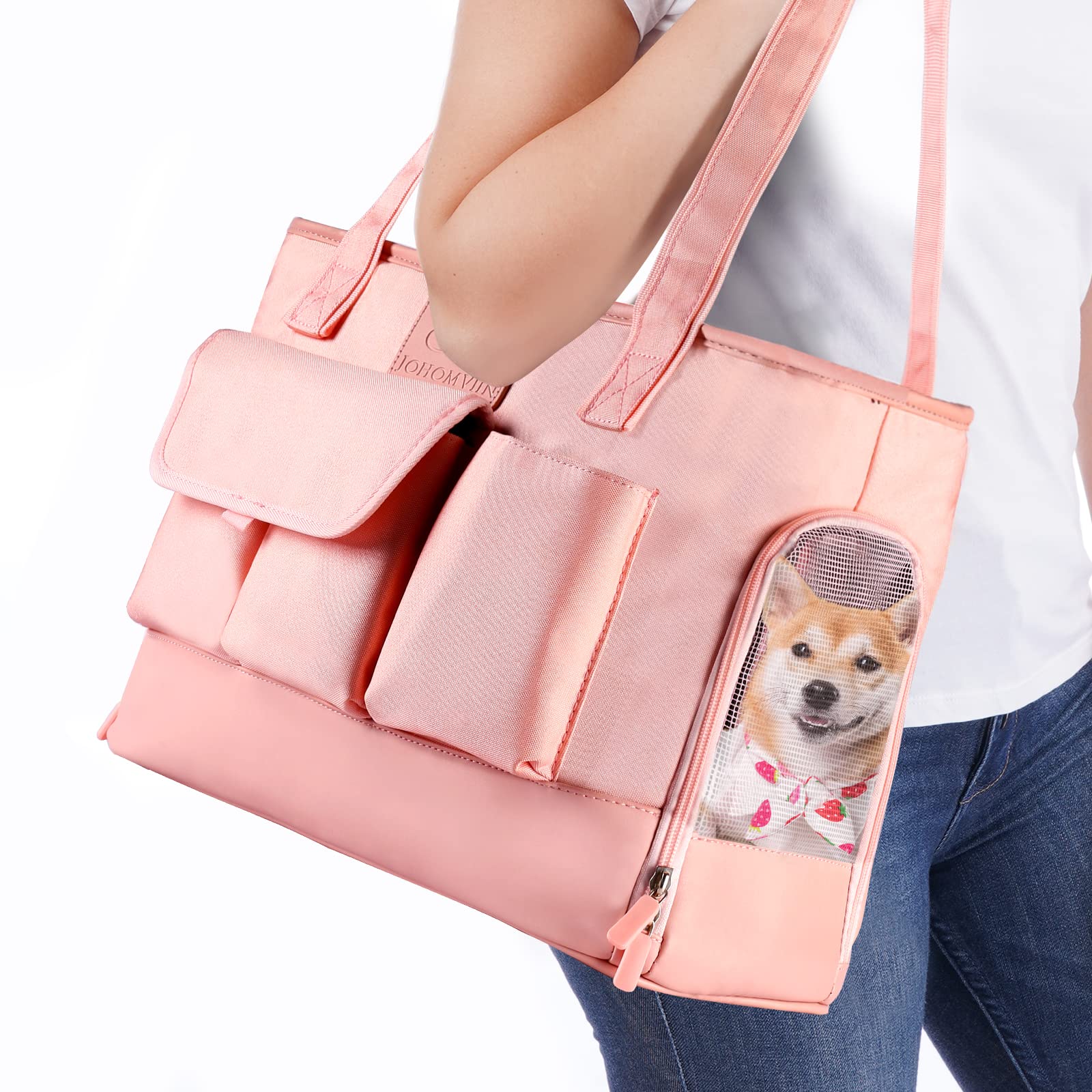 Johomviin pink pet carrier side view shows comfortable travel for small dogs and cats.