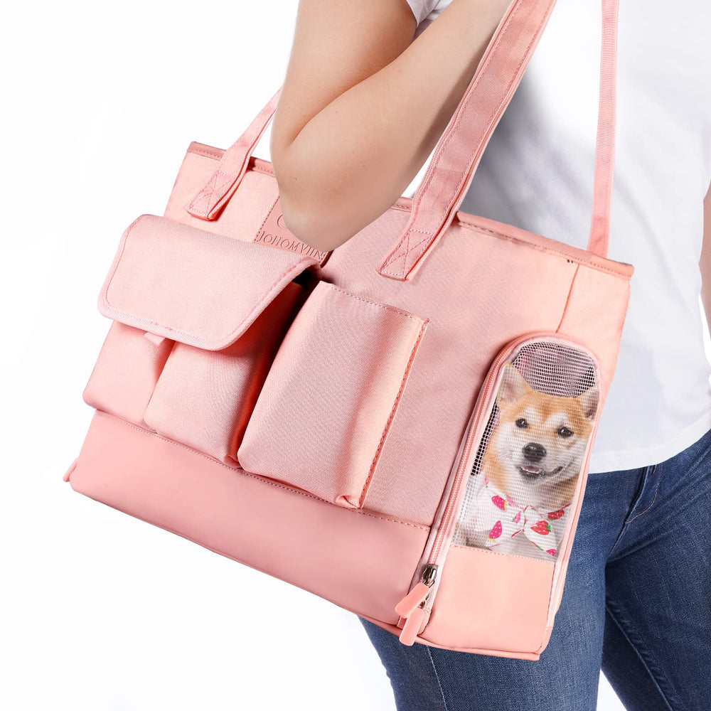 Johomviin pink pet carrier side view shows comfortable travel for small dogs and cats.