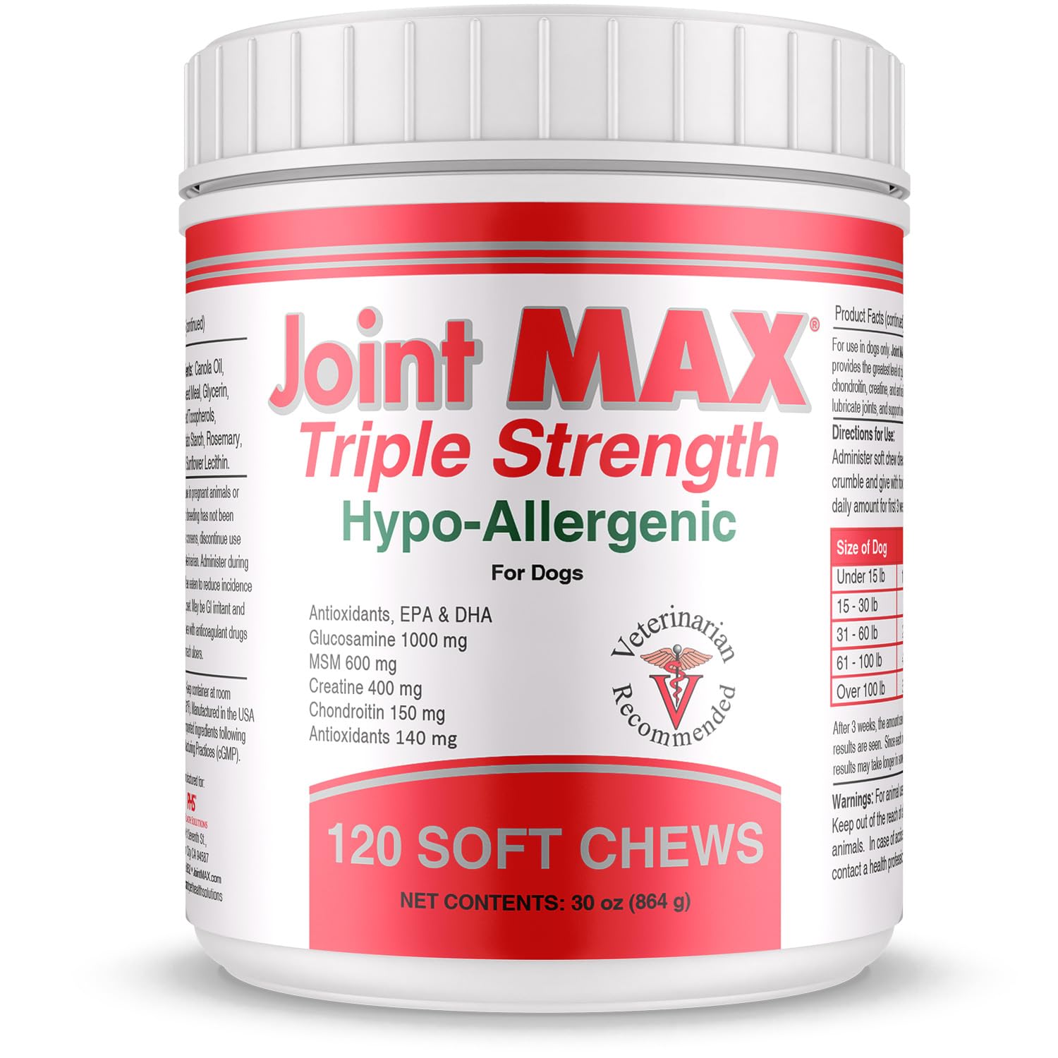 Joint MAX triple-strength soft chews bottle, a tasty joint-support option for dogs.