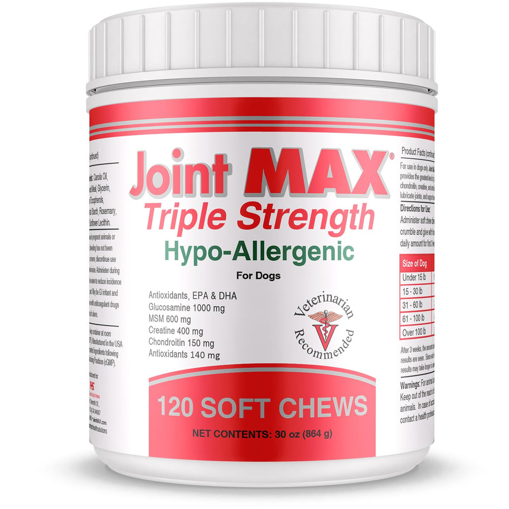 Joint MAX triple-strength soft chews bottle, a tasty joint-support option for dogs.