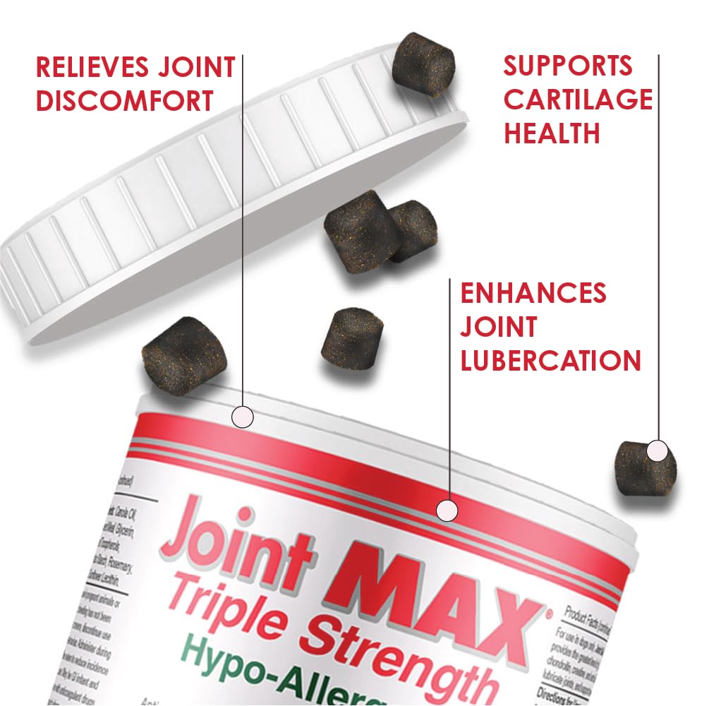 Joint MAX triple-strength soft chews pour—easy daily dosing for busy pet households.