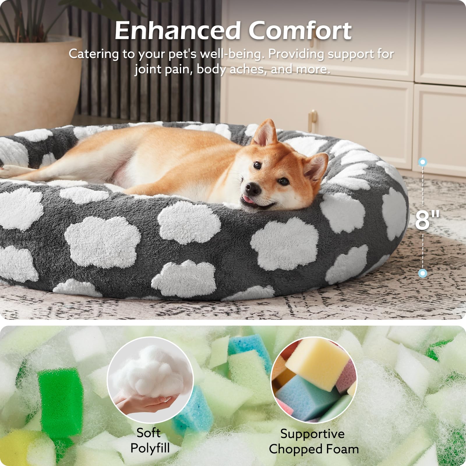 JOEJOY donut dog bed plush fabric detail enhancing snuggle-soft comfort
