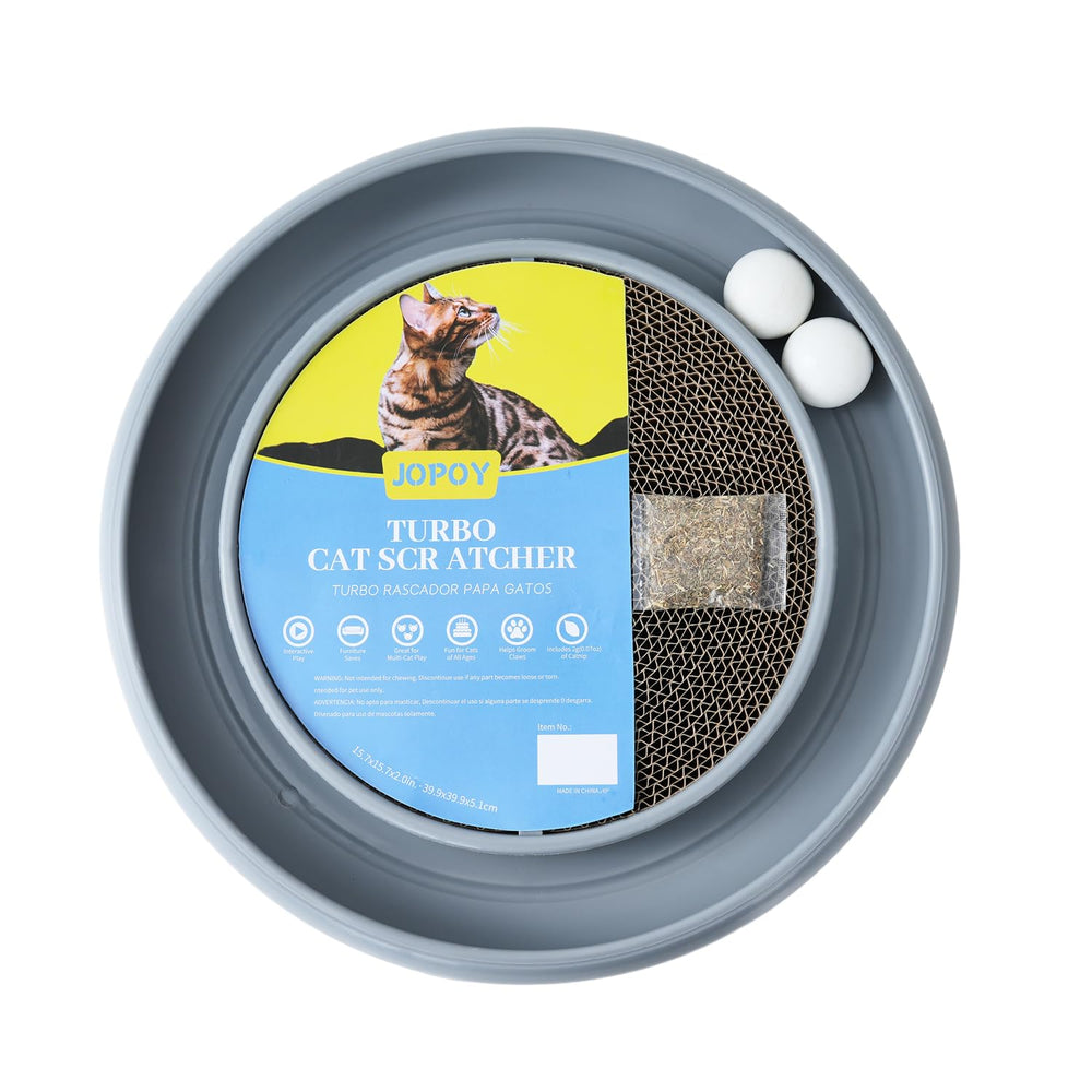 JOPOY interactive cat scratcher with rotating balls on track for active play.