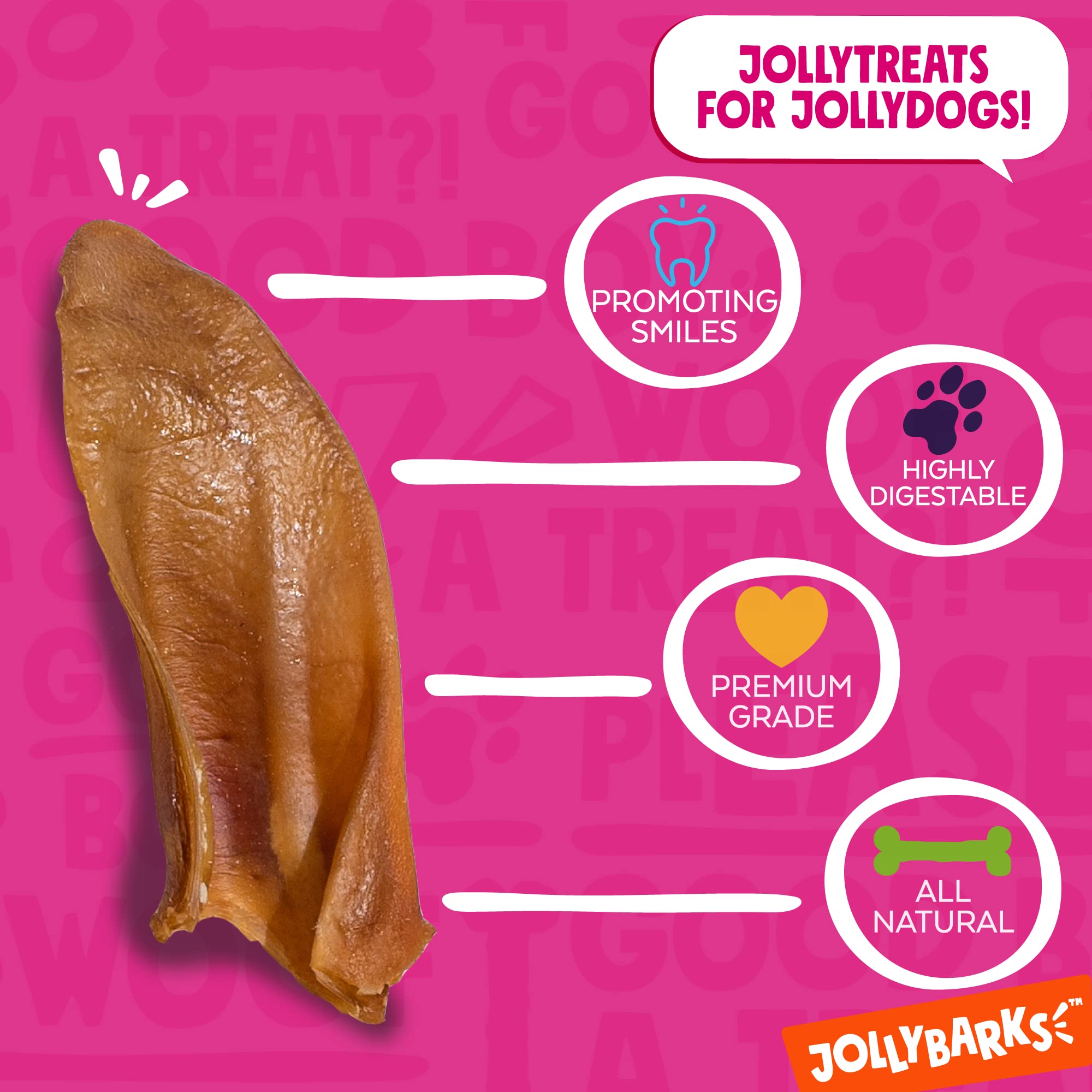 Jolly Barks grass-fed label image emphasizes healthier, natural pig ear snack for dogs.