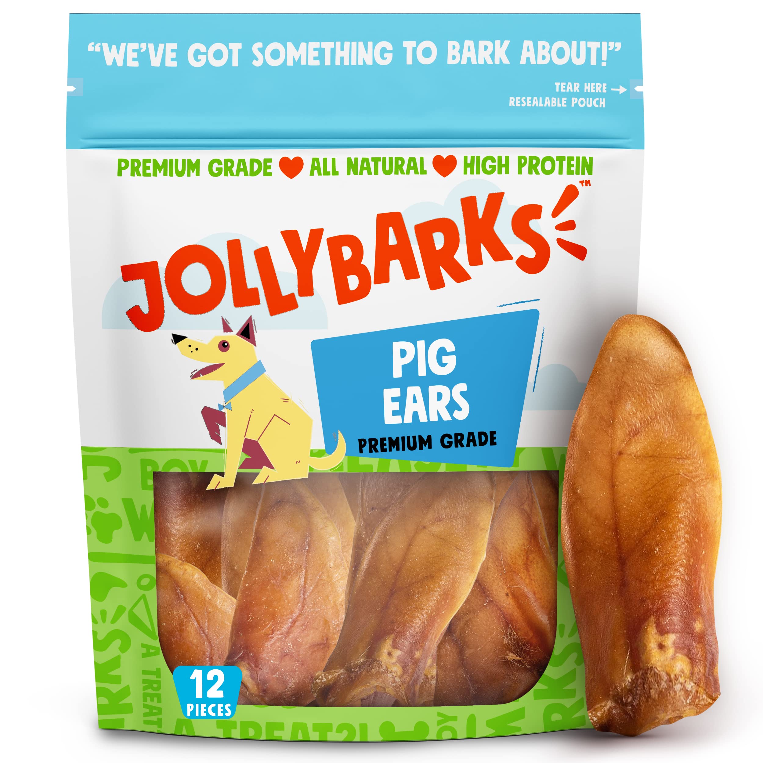 Jolly Barks natural half pig ears pack view offering long-lasting chew for dogs.