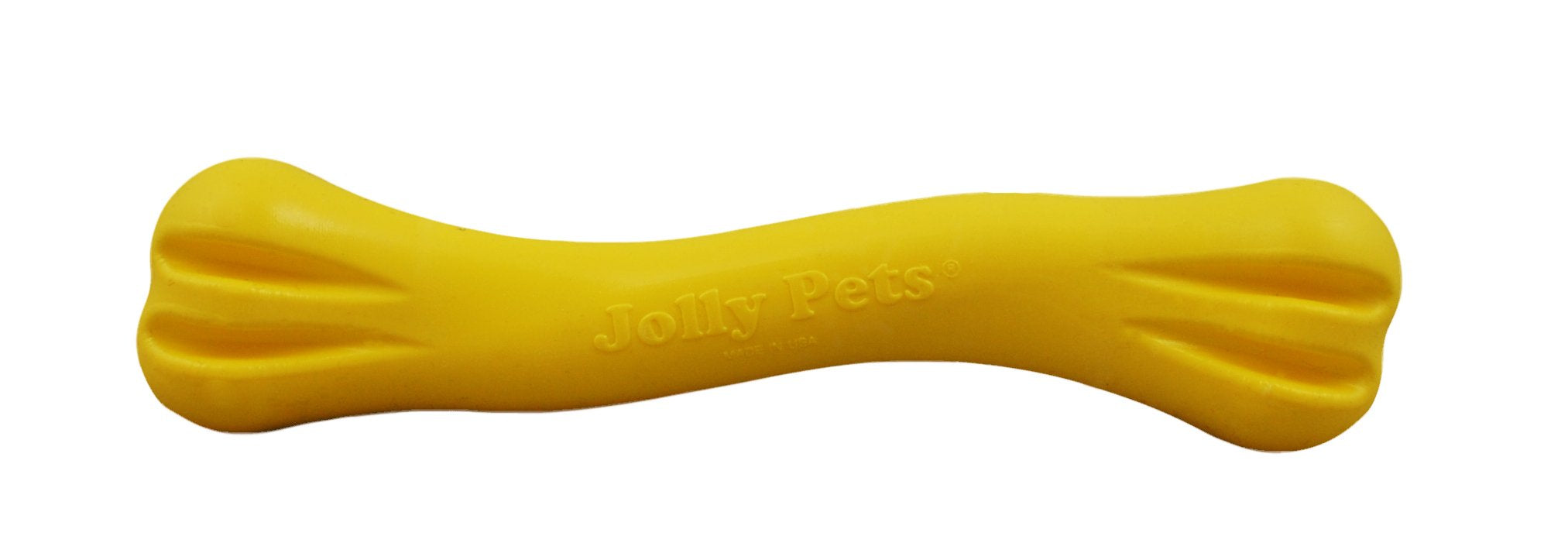 Jolly Pets Jolly Bone small yellow close-up highlights a durable chew-safe design.