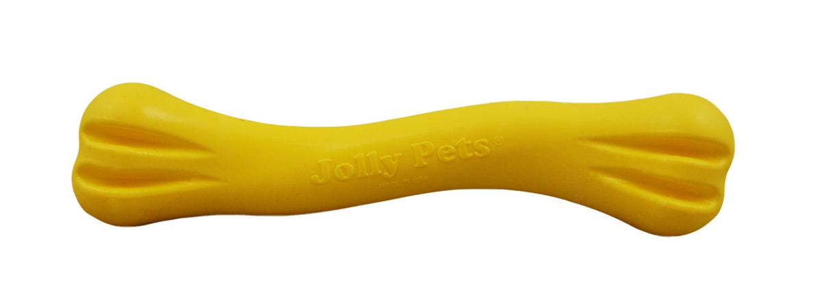 Jolly Pets Jolly Bone small yellow close-up highlights a durable chew-safe design.