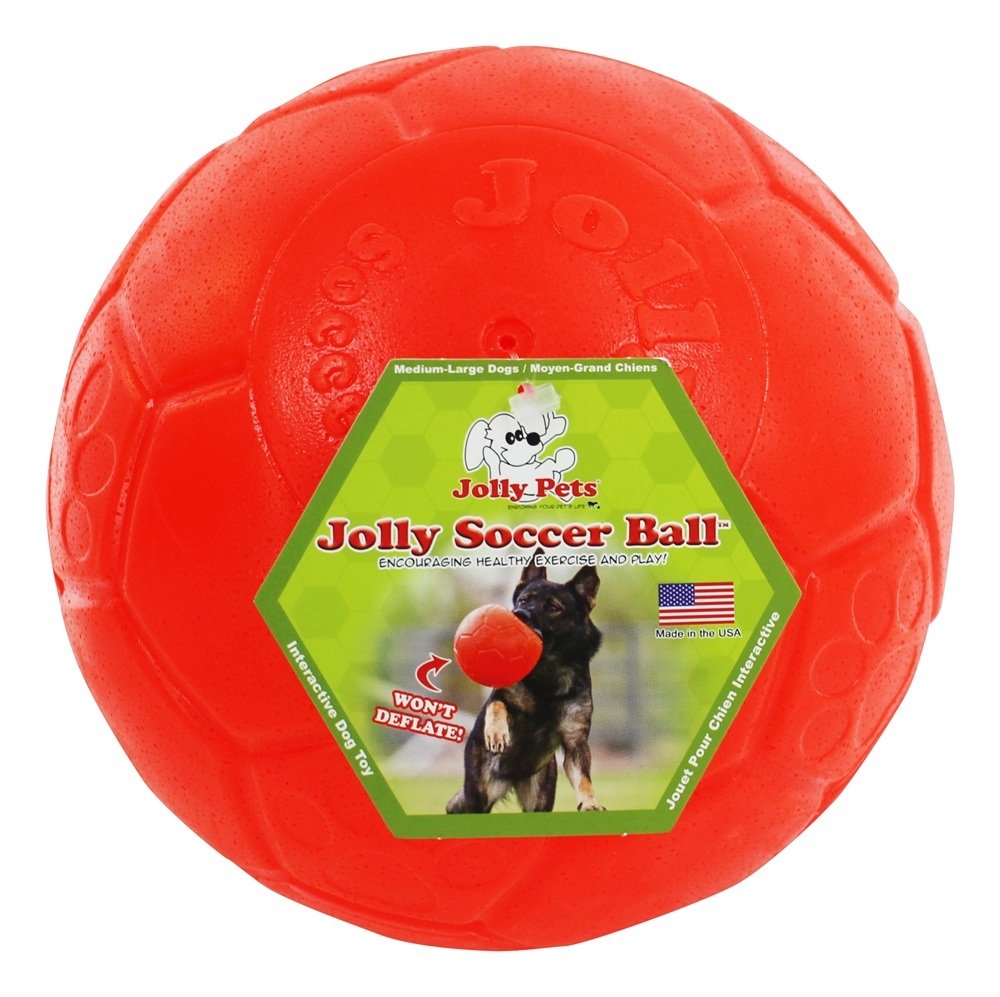 Jolly Pets Jolly Soccer Ball 8in closeup highlights pliable material for engaging fetch play.