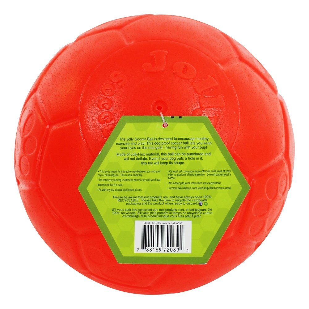 Jolly Pets Jolly Soccer Ball 8in play catch shows easy grip for dogs of all sizes.