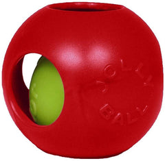 Jolly Pets Teaser Ball dog toy front view, large 8-inch red, engaging puzzle for dogs.