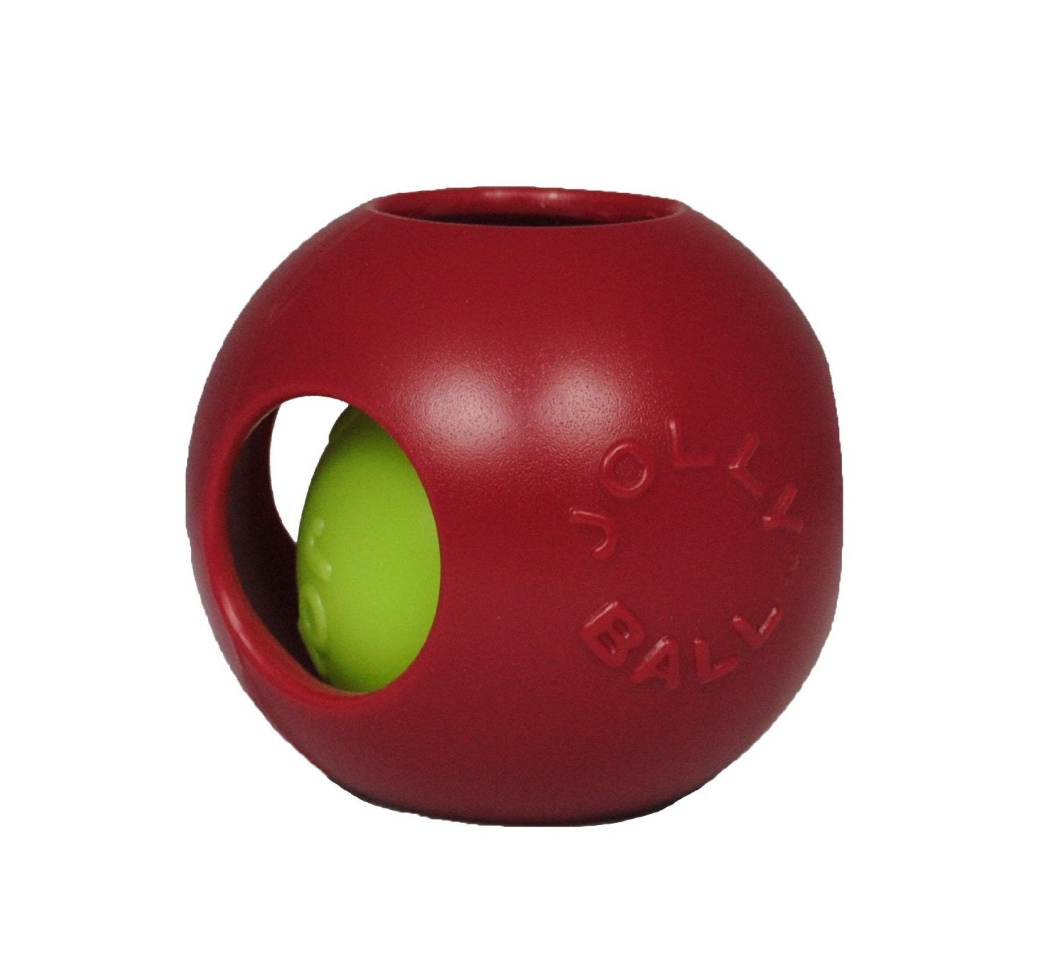 Jolly Pets Teaser Ball small red side view with a durable grip for fetch.