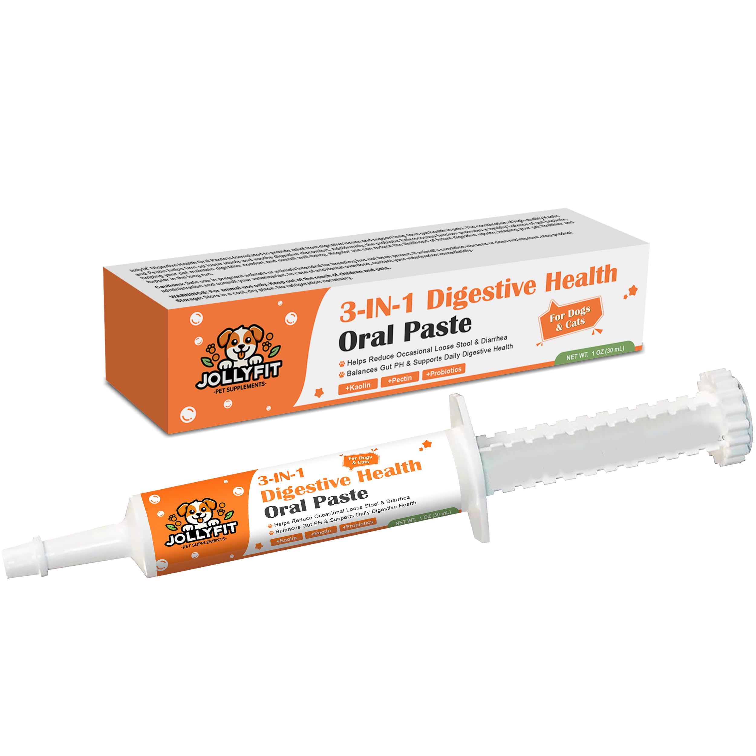 Jollyfit antidiarrheal dog paste bottle pour for easy dosing and gentle relief.
