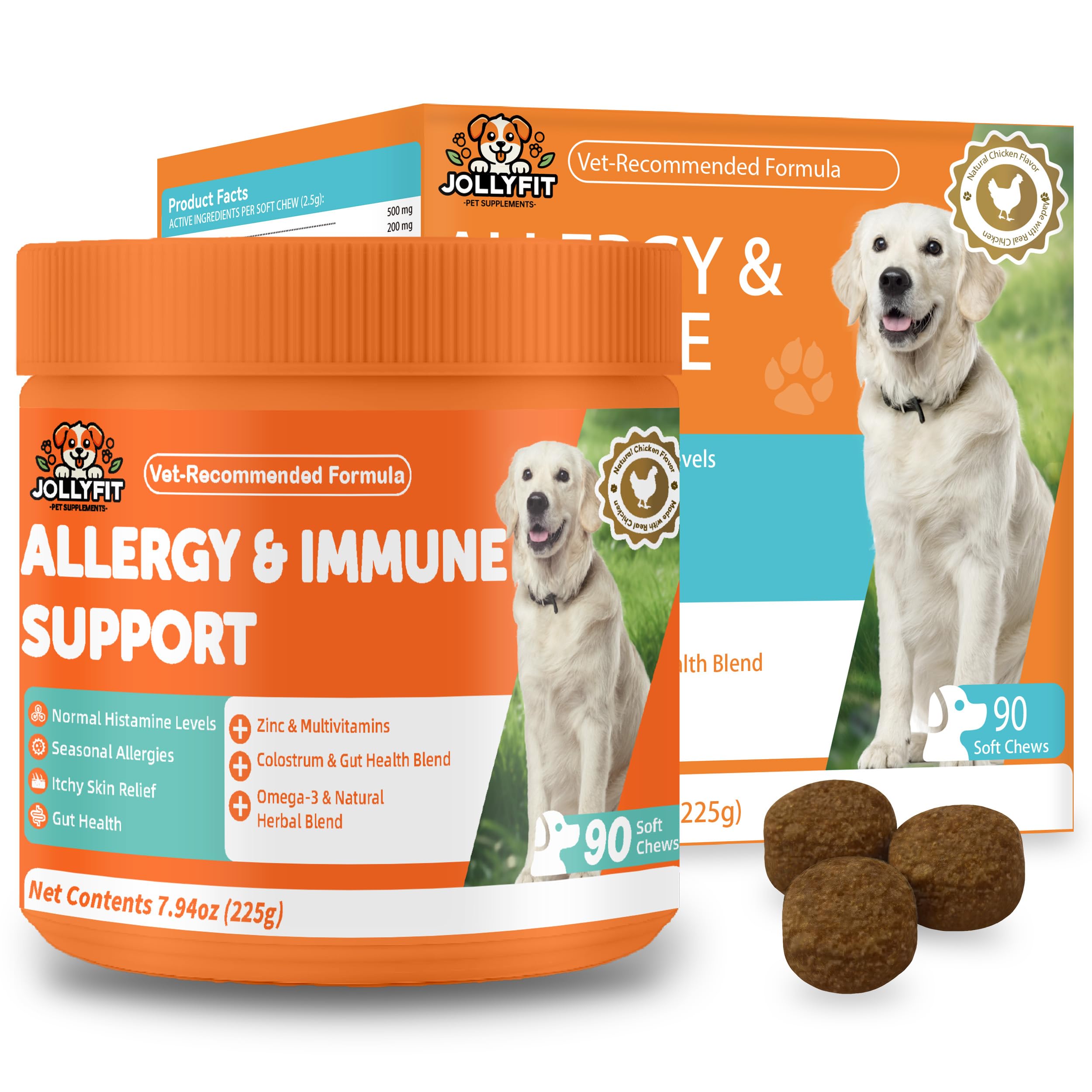 Jollyfit Dog Allergy Chews bottle showing soft chews for seasonal support