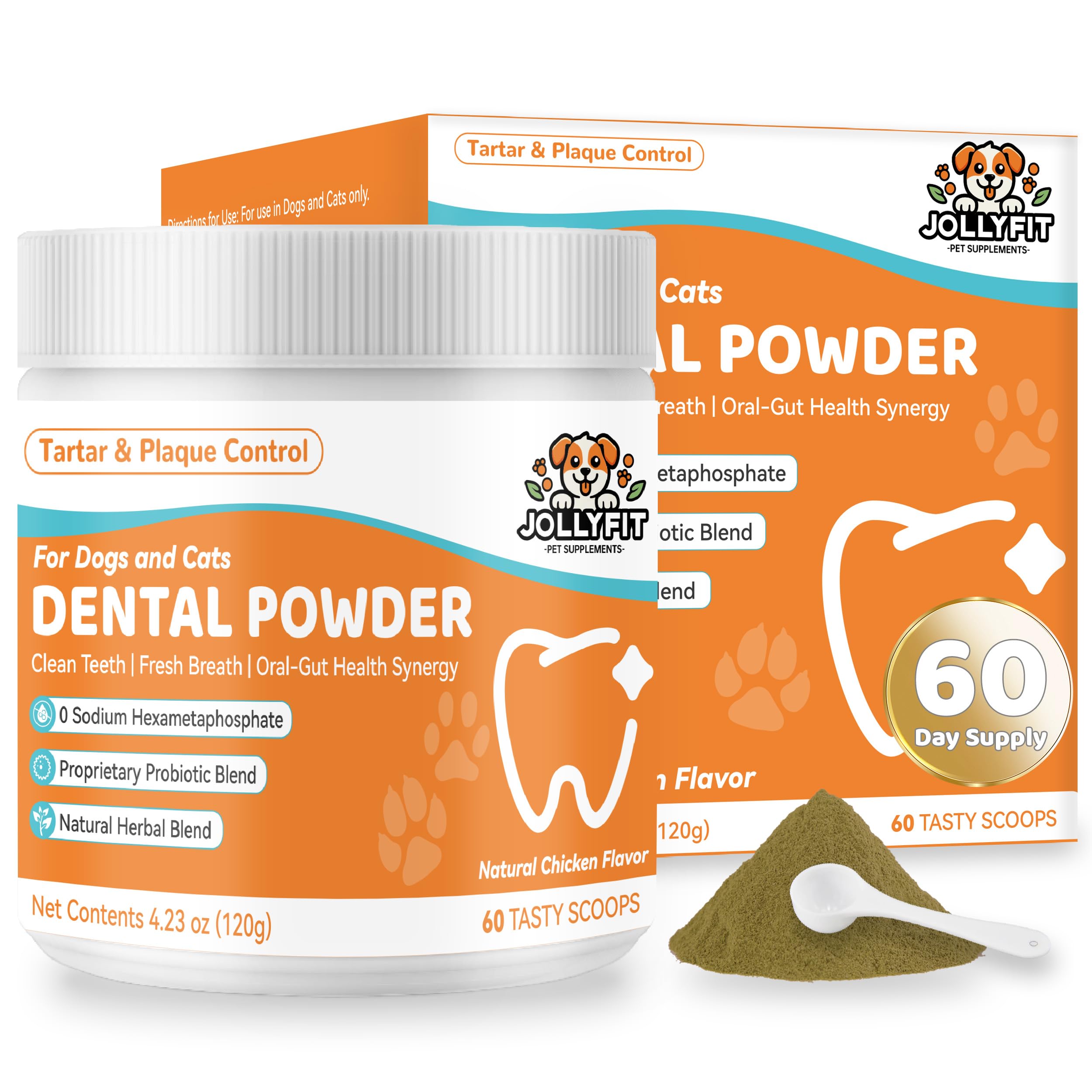 Jollyfit Dog Teeth Cleaning Powder packaging shows 60-scoop jar for daily dental care